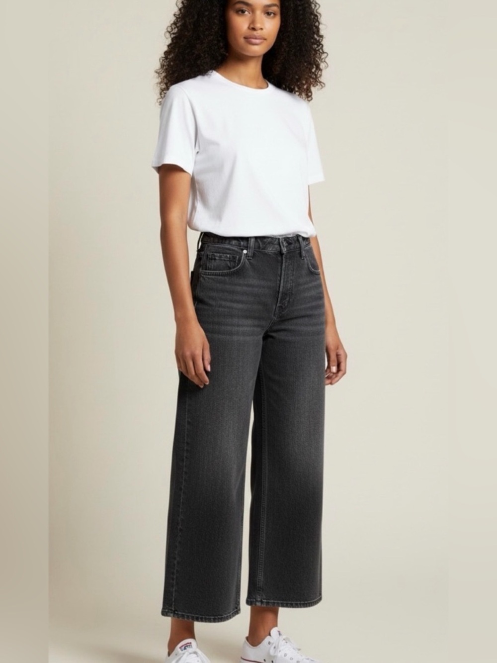 Free people we the free wide leg cropped button fly jeans washed black